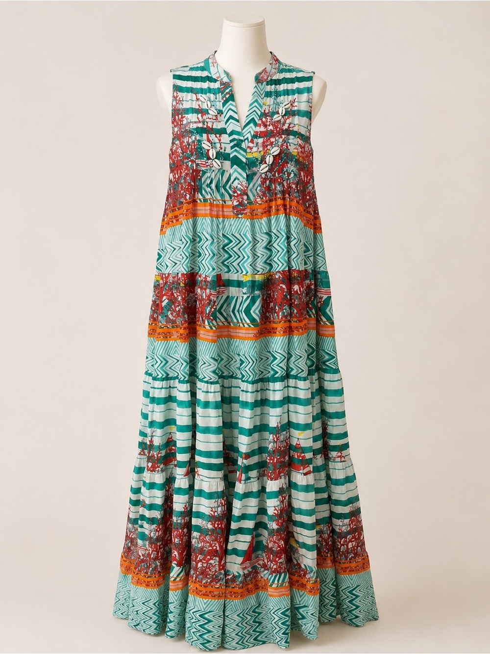 POL Beaded Cowrie Shell Striped Boho Maxi Dress Small
